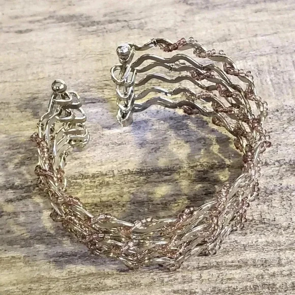 Vintage 90s Y2K Silver Pink Beaded Wire Wrap Detail Cuff Bracelet - Picture 6 of 12